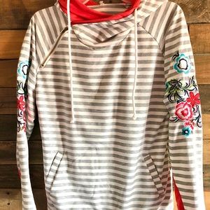 Grey & White Striped Hoodie